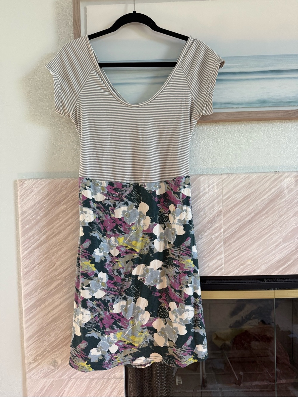 Pact organic Striped Top Floral Skirt Short-Sleeve Dress in Green and White